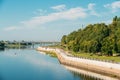 River, City Park And Cathedral Of St. Peter And Paul In Summer Sunny Day In Gomel, Belarus.