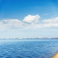 river and clouds in blue sky. industrial horizon with shipbuilding