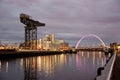 River Clyde, Glasgow, Scotland, UK, September 2013, the historic Finneston Crane and Clyde Arc Bridge Royalty Free Stock Photo