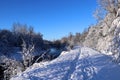 The river and coast under snow with glitter sky