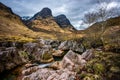 River Coe flows through Glen Coe with The Three Sisters mountains in early spring, Scotland Royalty Free Stock Photo