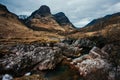River Coe flows through Glen Coe with The Three Sisters mountains in early spring, Scotland Royalty Free Stock Photo