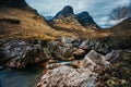 River Coe flows through Glen Coe with The Three Sisters mountains in early spring, Scotland Royalty Free Stock Photo