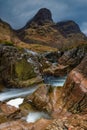 The Three Sisters of Glencoe and A waterfall on the River Coe Royalty Free Stock Photo