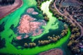 River contaminated with vinyl chloride, toxic substance with radioactive green color