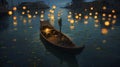water lantern festival boat celebration light river lamp travel night. Generative AI.