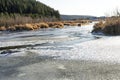 River covered with the first ice and snow in late autumn or early winter against forest landscape Royalty Free Stock Photo