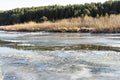 River covered with the first ice and snow in late autumn or early winter against forest landscape Royalty Free Stock Photo