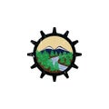 River Creek Wheel Gear Mill Cog, Fir Pines Evergreen Forest Nature logo applied for Company logo design Inspiration.