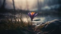 River And Crocus Flower At Sunrise In The Style Of Michal Karcz And Felicia Simion