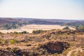 River crossing the desert landscape of Mapungubwe National Park, travel destination in South Africa. Braided Acacia and huge