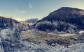 River curve with forest covered in frost.