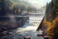 River Dam With Water Being Released For Energy Production. Generative AI