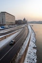 The river Danube on a cold winter day with the Hungarian Parliament building in the background Royalty Free Stock Photo