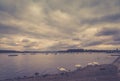 River Danube small fishing boats, swans, haze effect Royalty Free Stock Photo