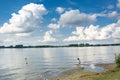 River Danube. View from beach Lido in Zemun, Serbia. Blue sky and white clouds Royalty Free Stock Photo