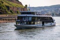 River day trip boat and Burgruine Ehrenfels Ehrenfels Castle. Royalty Free Stock Photo