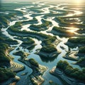 A river delta with a labyrinth of water channels and small islands. landscape background, Nature