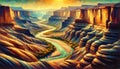 A river in a desert canyon, with layered rock formations. Landscape, Nature Painting, Generative Ai