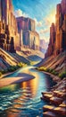 A river in a desert canyon, with layered rock formations. Landscape, Nature Painting, Generative Ai