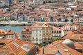 River Douro behind the red tile roofs, view from top floor on historical buildings and colorful walls Royalty Free Stock Photo