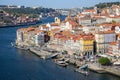 River Douro with embankment of Porto and boats. Old buildings with brick roofs by river Douro in Porto, Portugal. Royalty Free Stock Photo