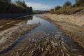 a river, drained of its water due to agricultural runoff, with fish and other wildlife swimming among the silt