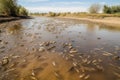 a river, drained of its water due to agricultural runoff, with fish and other wildlife swimming among the silt