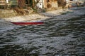 River drought, red boat without water due global warming