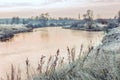 River early in the morning. The first frost in late autumn. Royalty Free Stock Photo