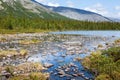 River flooding with lake in valley of the Khibiny massif, sunny warm weather with calm water. The Kola peninsula, Russia