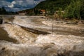 River floods in fall season after heavy rain. High rise river water in Tacen Whitewater Course, Slovenia