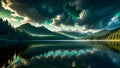 Landscape painting mountain sky clouds magical mystic lake river ai generated