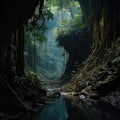 River flowing calmly inside a cave with an opening through which light enters and the lush vegetation of the rainforest