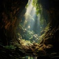 River flowing calmly inside a cave with an opening through which light enters and the lush vegetation of the rainforest