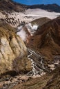 River flowing through the canyon with fumaroles inside Mutnovsky Volcano crater