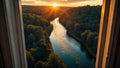 Golden Sunset River Landscape Seen Through Window Frame Royalty Free Stock Photo