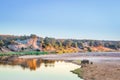 River flowing through Kruger National Park at sunset with a herd of African bush elephant (Loxodonta africana) Royalty Free Stock Photo