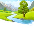 An illustration of a river flowing through mountains, hills and through scenic green fields