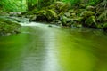 River flowing in nature. Long exposure water in stream. Waterscape creek in forest wilderness.