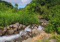 River stream flowing on rocks through green forest, Iao Valley State Park, Hawaii Royalty Free Stock Photo