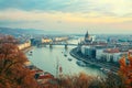 A river flowing through an urban landscape, with a bridge spanning across it, connecting different parts of the city, Budapest Royalty Free Stock Photo