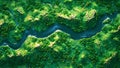 River with flowing water and green forest. Ariel view of wooded mountains on a bright day with a stream flowing through