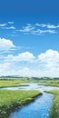 Ethereal Anime-inspired Marsh Illustration With Realistic Blue Sky