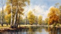 Photo-realistic Oil Painting Of Autumn Trees By The River