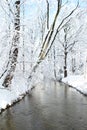 The river flows among the cold white landscape of nature in the snow, park, forest in winter, the concept of seasonal changes in Royalty Free Stock Photo