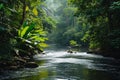 A river flows through a dense green forest, surrounded by towering trees and vibrant vegetation, Peaceful scene of a river running Royalty Free Stock Photo