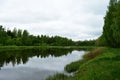 The river flows through the forest. On a warm evening, the calm water in the river moves, runs in the flat color of the sky