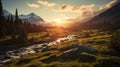 Stunning Mountain Scenery At Sunset: Photorealistic Wilderness Landscape Art