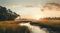 Serene Coastal Sunrise Over Marshes With Creek